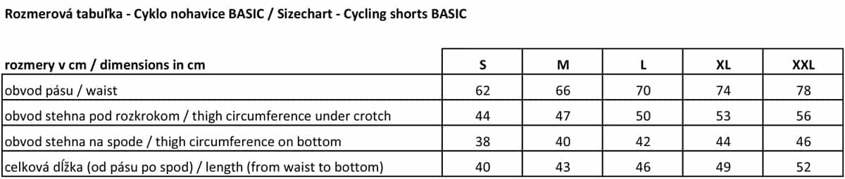 Veľkostná tabuľka cyklistické nohavice basic
