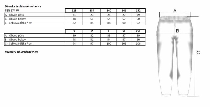 Veľkostná tabuľka dámske teplákové nohavice 674