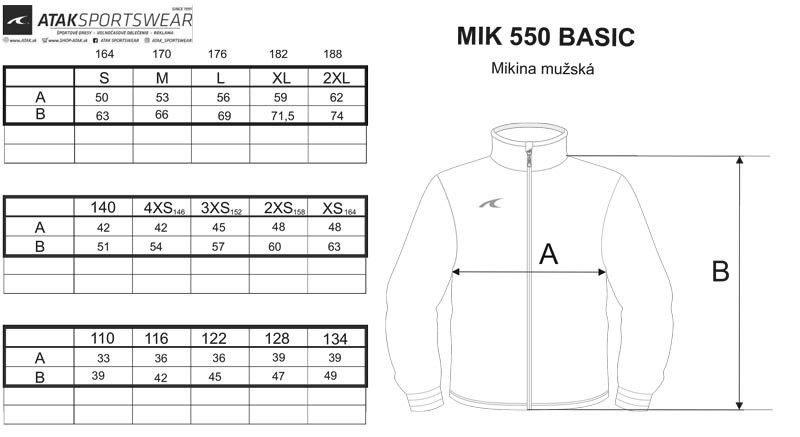 Veľkostná tabuľka mikina 550 basic