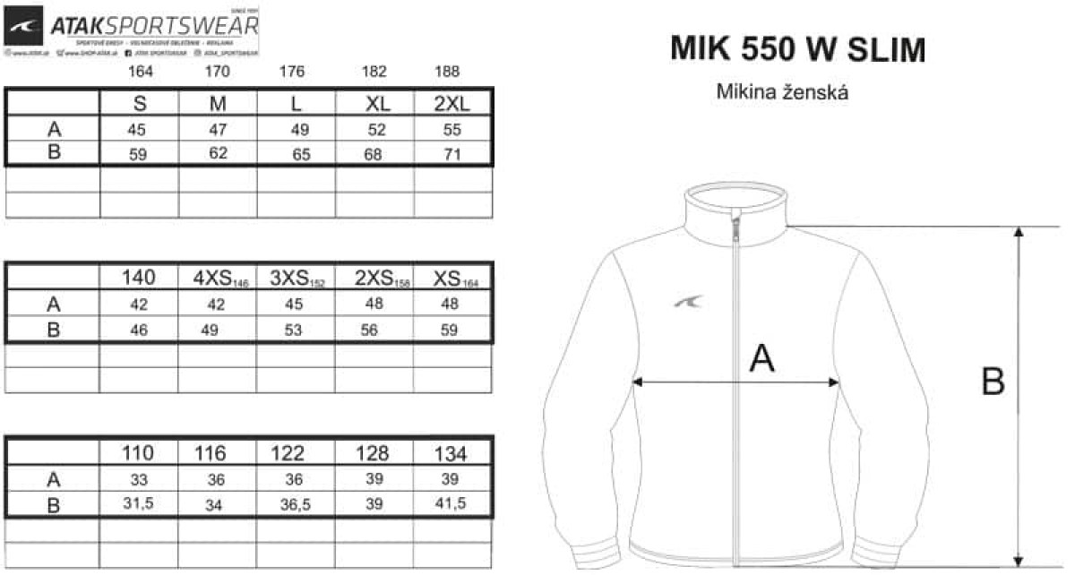 Veľkostná tabuľka mikina 550 dámska