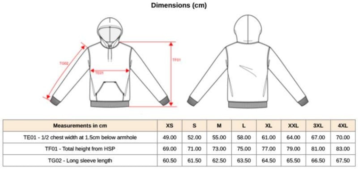 Veľkostná tabuľka mikina s kapucňou Running Prešov