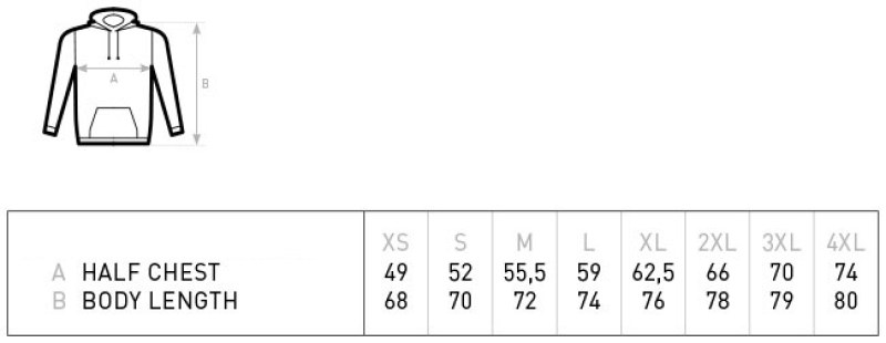 Veľkostná tabuľka pánska mikina s kapucňou